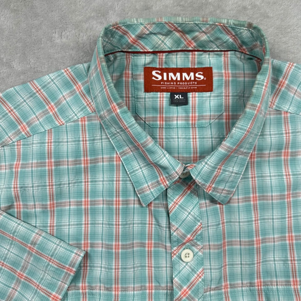 Simms Fishing Shirt Mens XL Teal Orange Plaid Short Sleeve Button Up Summer